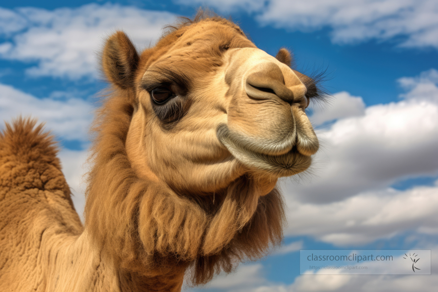 bactrian camel face closeup view blue sky in background