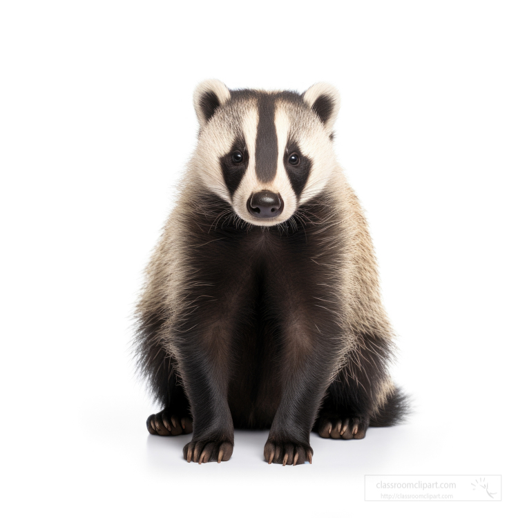 Badger sits on hind legs front view isolated on white background