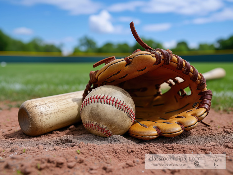 Baseball equipment on a dusty field with a clear blue sky