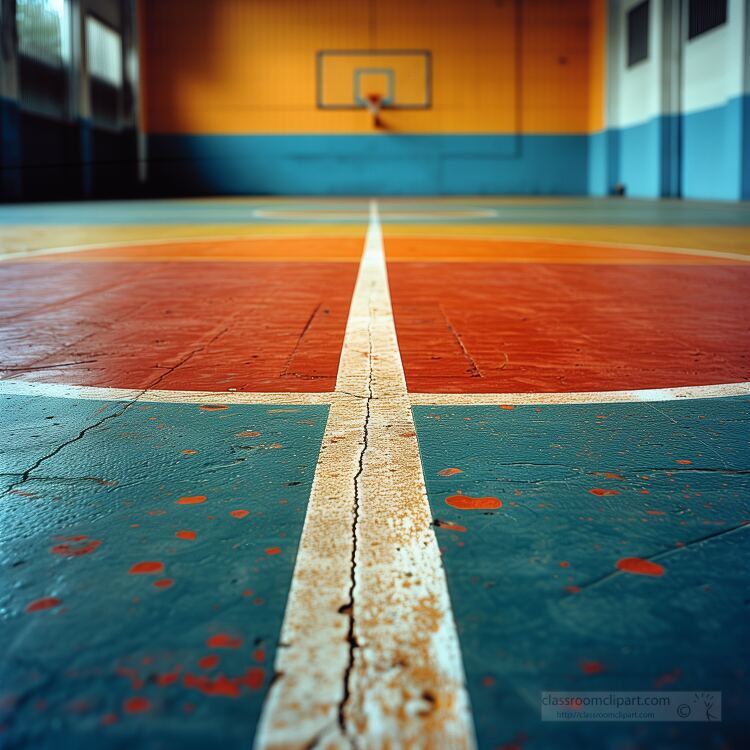 basketball court with colorful floor