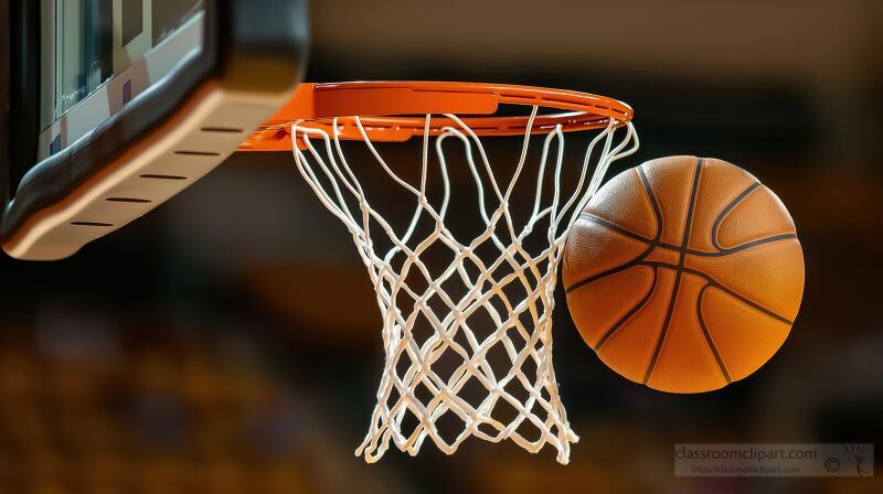 Basketball swishes through the net during an indoor game at a sp