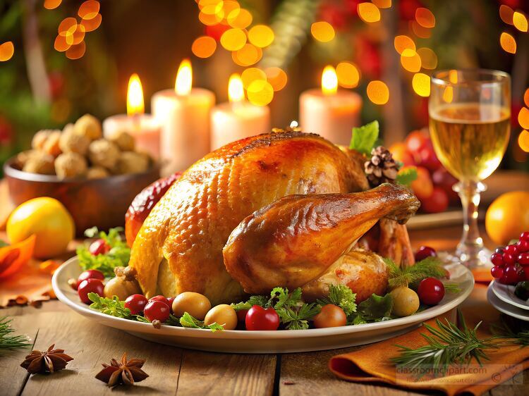 beautifully roasted turkey garnished with potatoes cranberries