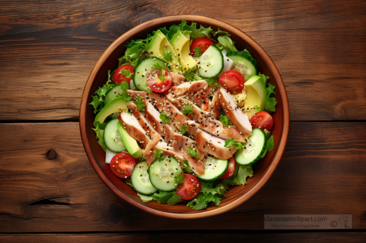 bowl of chicken salad with vegetables tomatoes avocado