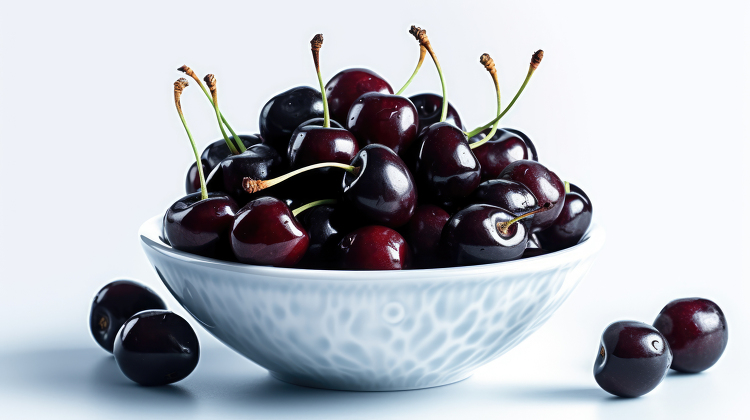 bowl of ripe and juicy black cherries in gray white bowl