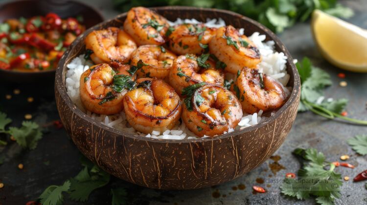 bowl of spicy cooked shrimp served over white rice garnished