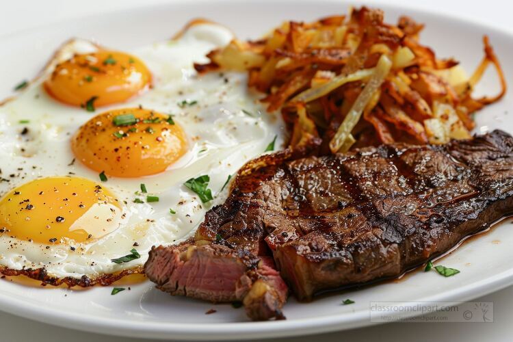 breakfast grilled steak with three fried eggs