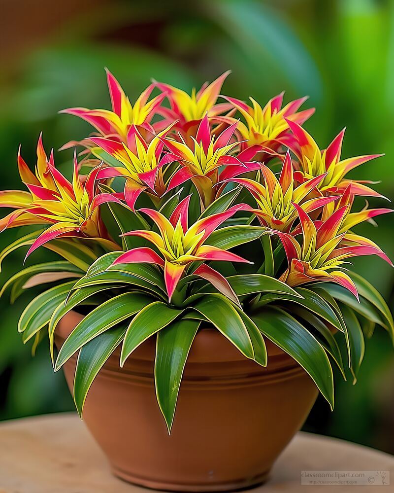 Bright Red and Yellow Bromeliad Flowers in a Patio Pot