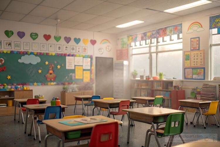 brightly decorated classroom with small desks and colorful chair