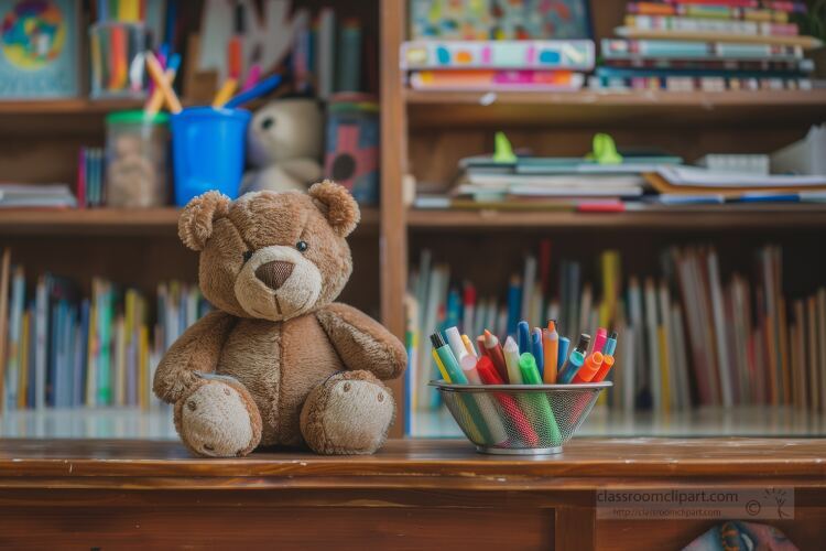 brown teddy bear sitting on a bookshelf
