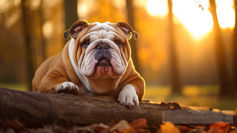 Bulldog resting on a tree log