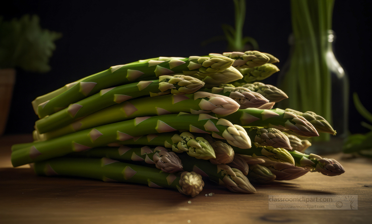 bunch of asparagus on a wooden table