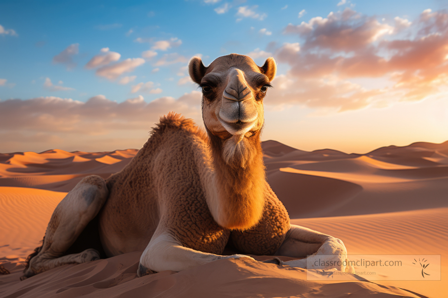 camel resting on a sand dune at sunset