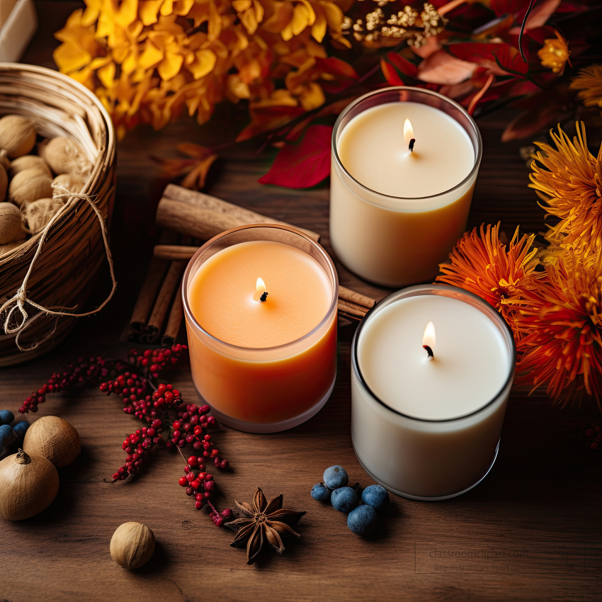 candles burning brightly placed on a wooden plank alongside autumn