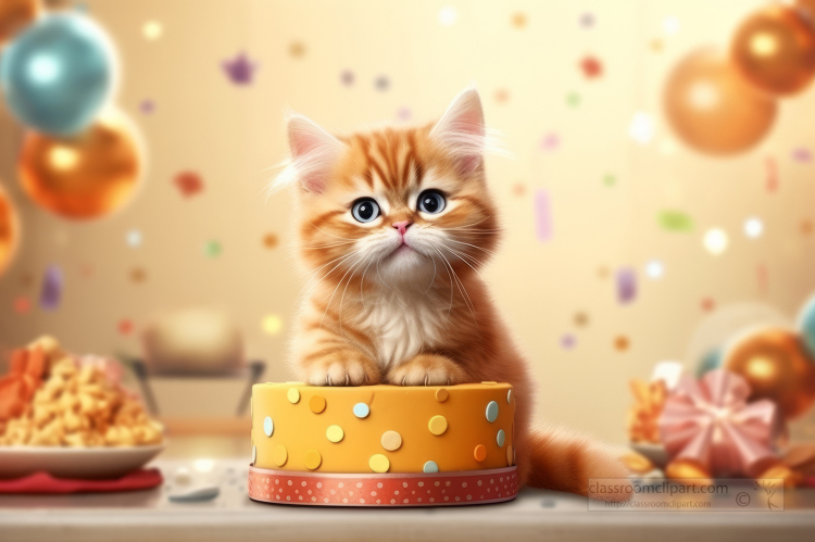 cat sitting on top of a cake with balloons in the background