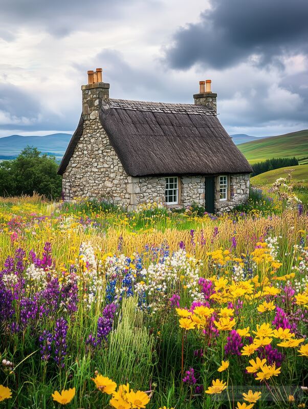 Charming Cottage Surrounded by Vibrant Wildflowers