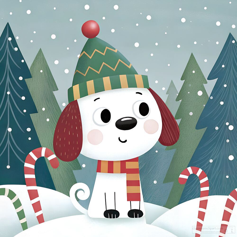 cheerful puppy wearing a holiday hat and scarf sits in the snow