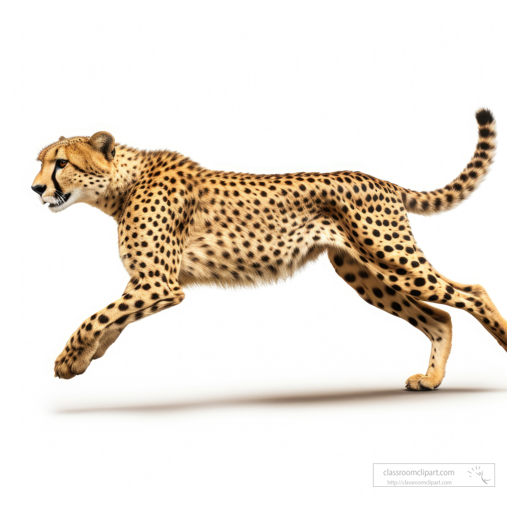 Cheetah running side view isolated on white background