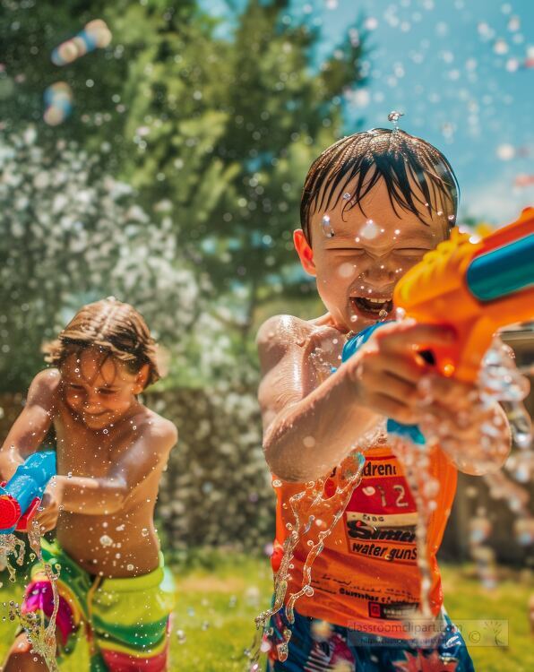 Children playing with water guns in the backyard