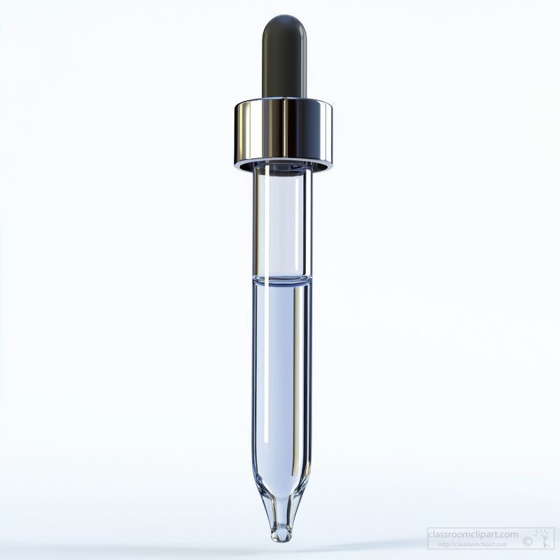 Clear glass dropper bottle with silver cap filled with liquid on a plain background