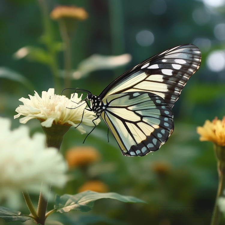 close shot of a white and black butterfly on a flower
