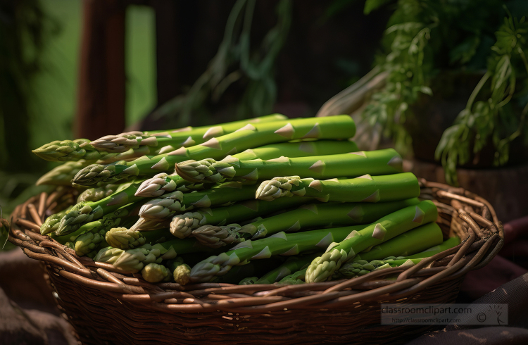 close up of a basket of asparagus on a table