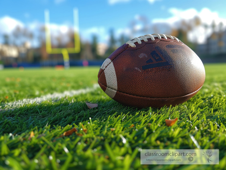 Close up of a football on green grass with goalposts in the back