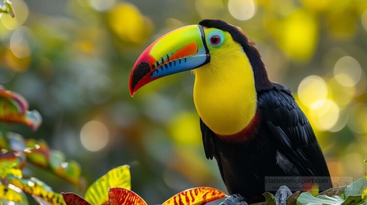 Close up of a vibrant keel billed toucan in tropical forest