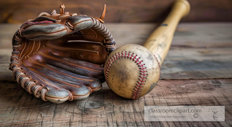 Close up of a worn baseball and glove on a wooden surface