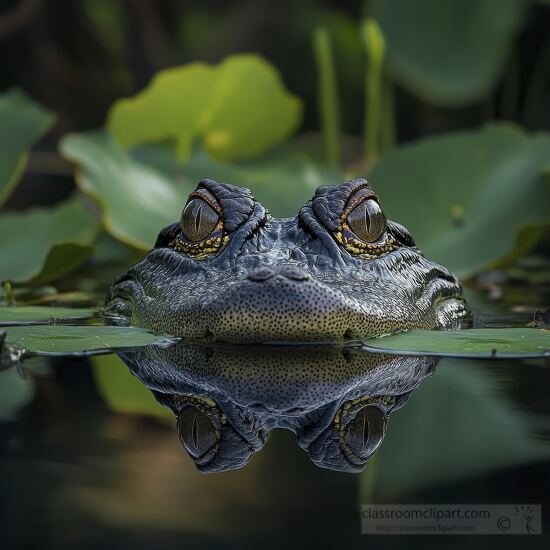 close up of an alligator surrounded by floating lily pads and it