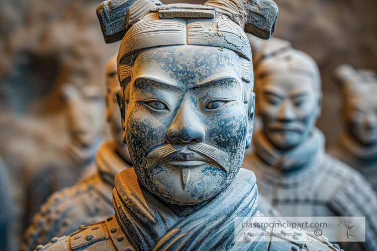 Close up on the face of a terracotta warrior with intricate deta