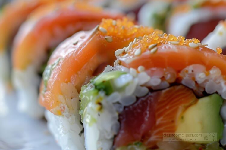 close up photograph of a sushi roll with rice tuna and avacado o