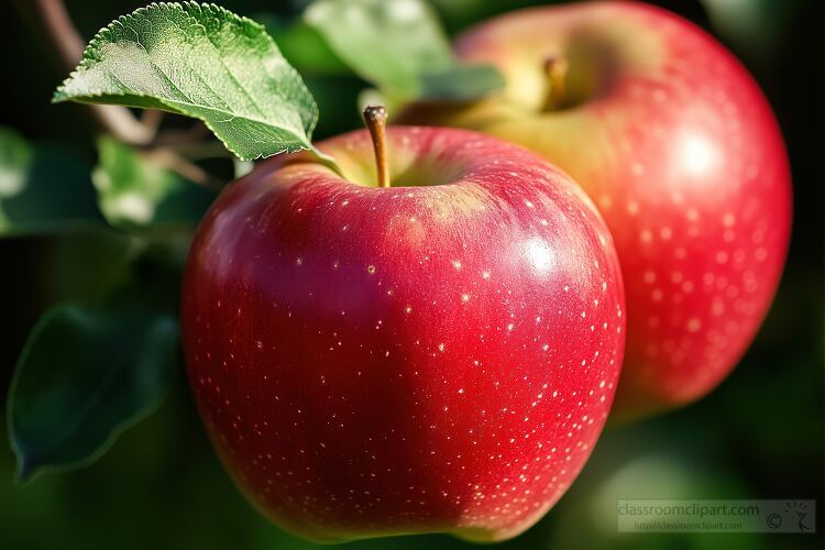 close up views of two red apples hanging from a tree