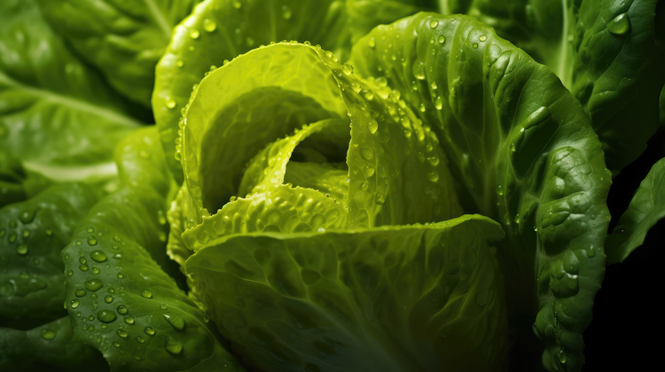 closeup image of dew on the dark green leaves of romaine lettuce