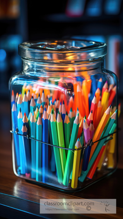 closeup of Assorted coloring pencils in a container