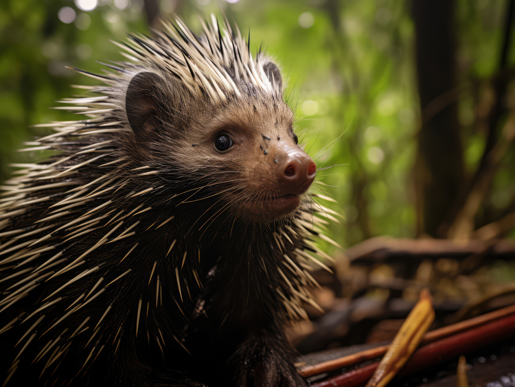 closeup of porcupine in a tropical forest