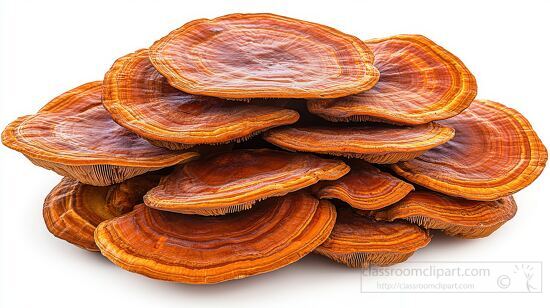 cluster of orange and brown reishi mushrooms stacked together