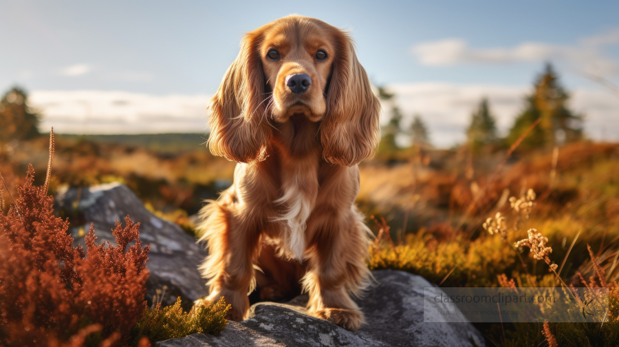 Cocker Spaniel stands on a large rock