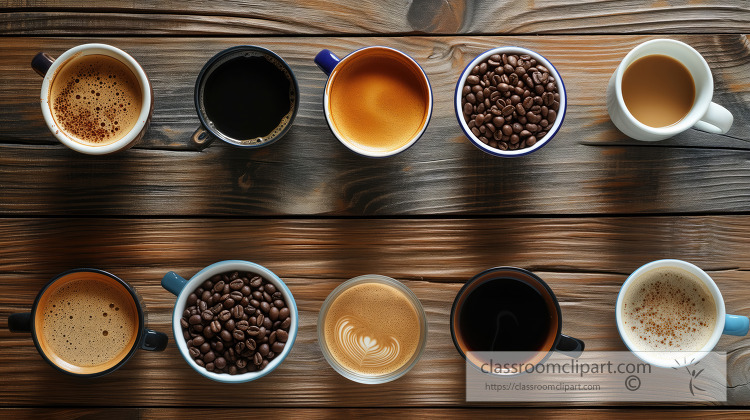 Collection of different coffee types from espresso to latte on d