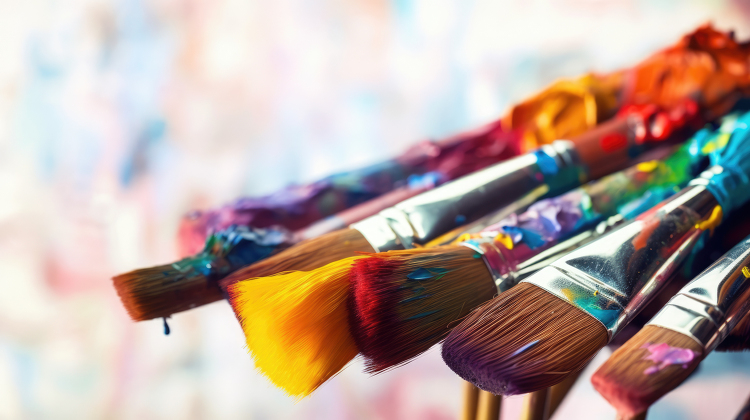 colorful artists paintbrushes resting on blurry background