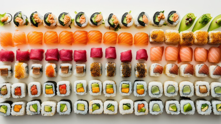 colorful assortment of sushi rolls in neat rows