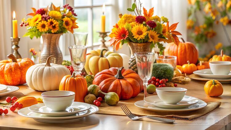 colorful autumn themed table setting with pumpkins fresh flowers