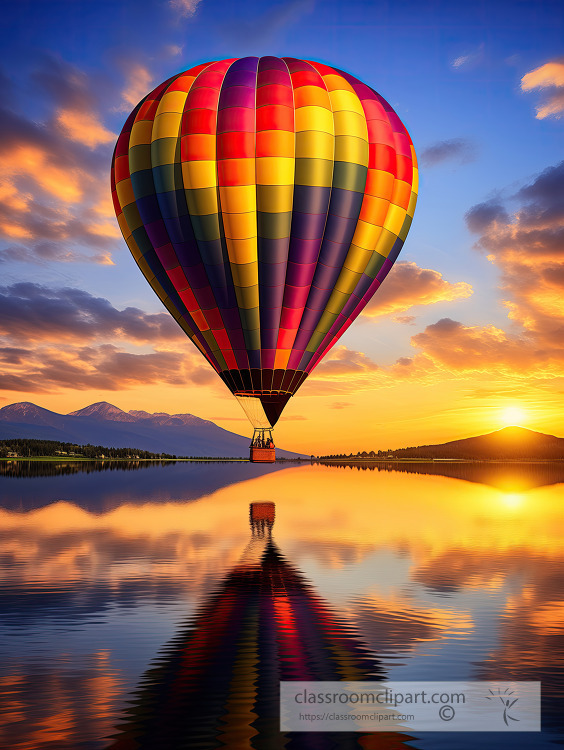 Colorful balloon with reflection on water against a sunset sky