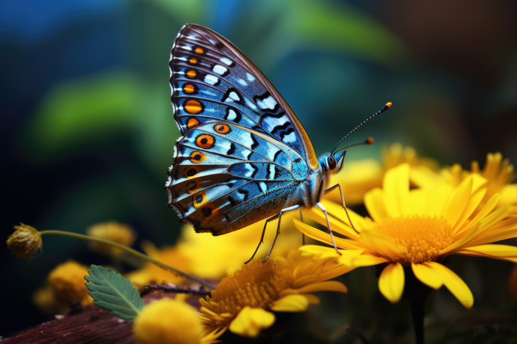 Colorful blue Zerynthia rumina butterfly sits on yellow flower