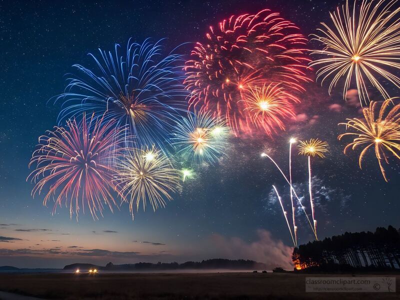 Colorful Fireworks Illuminate the Night Sky Over the Lake