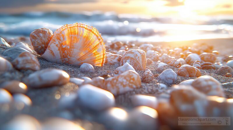 Colorful seashells scattered on sandy beach during sunset with gentle waves