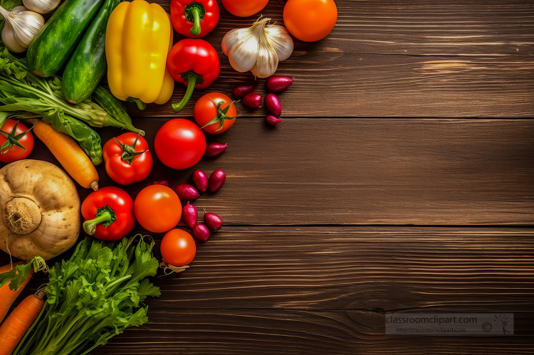 Colorful vegetables arrangement to one side on a wooden table