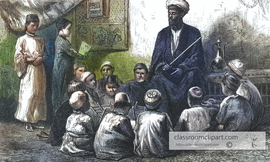 Colorized Illustration of an Arab School