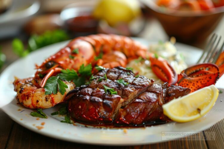 cooked lobster and grilled steak garnished with a sprig of parsl