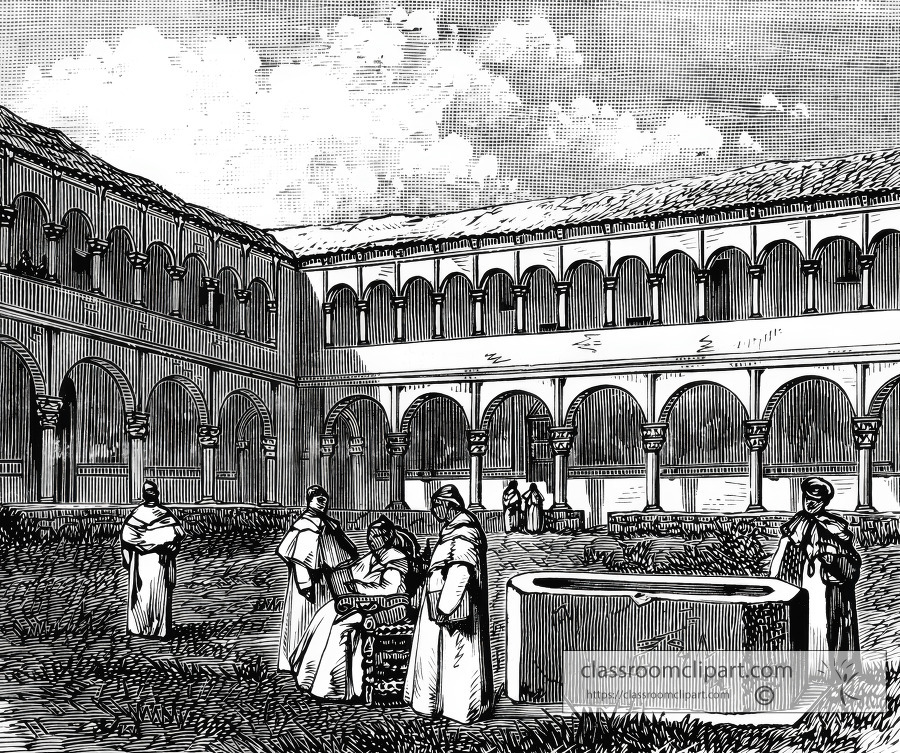 court of convent with ancient fountain historical illustration