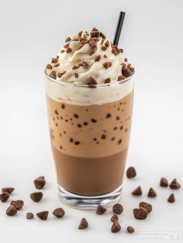 Creamy chocolate iced coffee drink topped with whipped cream and chocolate chips for a refreshing treat